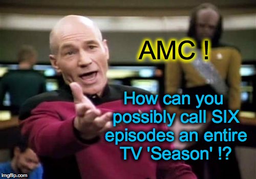 'Fear The Walking Dead' has only SIX episodes for an entire SEASON?! | AMC ! How can you possibly call SIX episodes an entire TV 'Season' !? | image tagged in memes,picard wtf | made w/ Imgflip meme maker