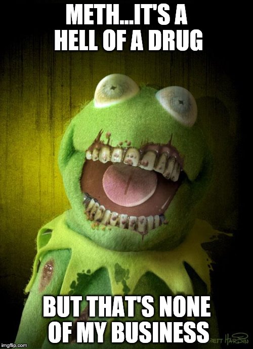 Poor, poor Kermit... | METH...IT'S A HELL OF A DRUG BUT THAT'S NONE OF MY BUSINESS | image tagged in memes,meth head kermit | made w/ Imgflip meme maker