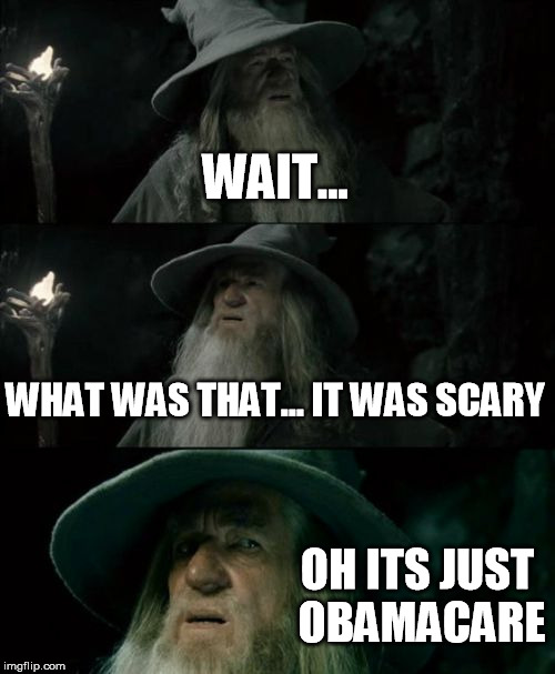 Confused Gandalf Meme | WAIT... WHAT WAS THAT... IT WAS SCARY OH ITS JUST OBAMACARE | image tagged in memes,confused gandalf | made w/ Imgflip meme maker