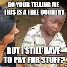 so your telling me | SO YOUR TELLING ME THIS IS A FREE COUNTRY BUT I STILL HAVE TO PAY FOR STUFF? | image tagged in so your telling me | made w/ Imgflip meme maker