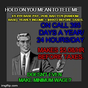 Kill Yourself Guy Meme | E5 4YR BASE PAY, 2530. BAH 1176 (RANDOM BASE)  YEARLY INCOME = $44472 BEFORE TAXES. ON CALL 365 DAYS A YEAR/ 24 HOURS/DAY  MAKES $5.08/HR BE | image tagged in memes,kill yourself guy | made w/ Imgflip meme maker