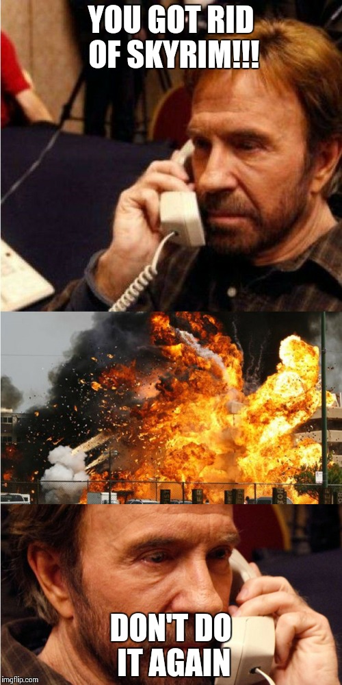 YOU GOT RID OF SKYRIM!!! DON'T DO IT AGAIN | image tagged in chuck norris angry call | made w/ Imgflip meme maker