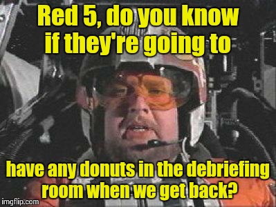 Important questions need answers | Red 5, do you know if they're going to have any donuts in the debriefing room when we get back? | image tagged in red leader star wars | made w/ Imgflip meme maker