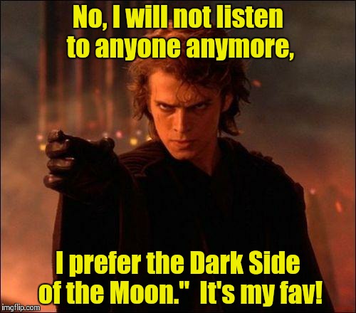 For a Guy Who Likes the Dark Side, He at Least Has Some Taste! | No, I will not listen to anyone anymore, I prefer the Dark Side of the Moon."  It's my fav! | image tagged in anakin prefer dark side | made w/ Imgflip meme maker