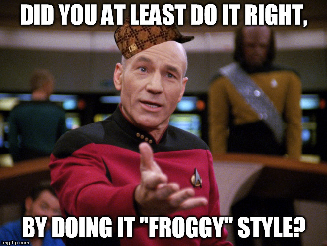 DID YOU AT LEAST DO IT RIGHT, BY DOING IT "FROGGY" STYLE? | image tagged in picard calmer speech,scumbag | made w/ Imgflip meme maker