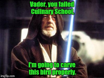 After turning off the tractor beam, Obi Wan ran into Darth Vader and the antagonizing started where it had left off. | Vader, you failed Culinary School, I'm going to carve this bird properly. | image tagged in star wars force | made w/ Imgflip meme maker