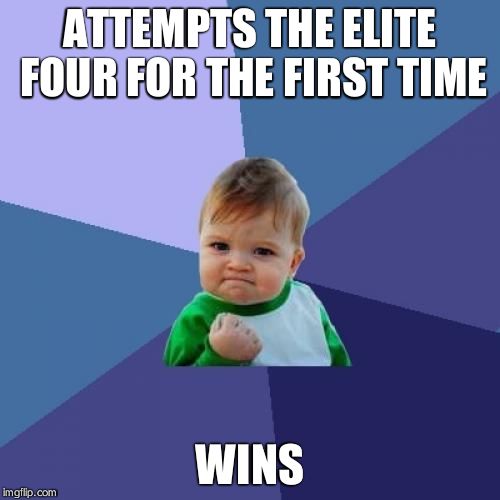 I've Never Actually Done That Before. | ATTEMPTS THE ELITE FOUR FOR THE FIRST TIME WINS | image tagged in memes,success kid | made w/ Imgflip meme maker