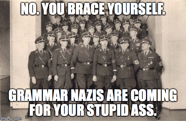 NO. YOU BRACE YOURSELF. GRAMMAR NAZIS ARE COMING FOR YOUR STUPID ASS. | made w/ Imgflip meme maker