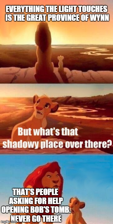 Simba Shadowy Place Meme | EVERYTHING THE LIGHT TOUCHES IS THE GREAT PROVINCE OF WYNN THAT'S PEOPLE ASKING FOR HELP OPENING BOB'S TOMB. NEVER GO THERE | image tagged in memes,simba shadowy place | made w/ Imgflip meme maker
