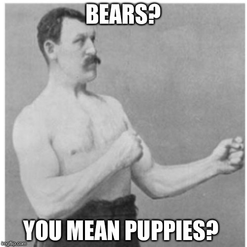 Overly Manly Man Meme | BEARS? YOU MEAN PUPPIES? | image tagged in memes,overly manly man | made w/ Imgflip meme maker
