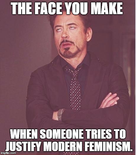 Face You Make Robert Downey Jr Meme | THE FACE YOU MAKE WHEN SOMEONE TRIES TO JUSTIFY MODERN FEMINISM. | image tagged in memes,face you make robert downey jr | made w/ Imgflip meme maker