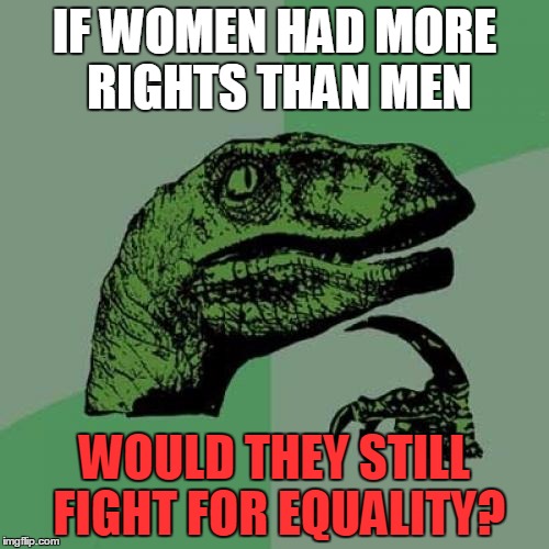 Philosoraptor Meme | IF WOMEN HAD MORE RIGHTS THAN MEN WOULD THEY STILL FIGHT FOR EQUALITY? | image tagged in memes,philosoraptor | made w/ Imgflip meme maker