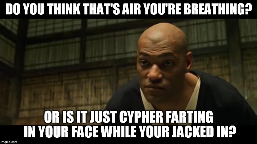 Rectumundrum | DO YOU THINK THAT'S AIR YOU'RE BREATHING? OR IS IT JUST CYPHER FARTING IN YOUR FACE WHILE YOUR JACKED IN? | image tagged in morpheus cocky look,fart,matrix | made w/ Imgflip meme maker