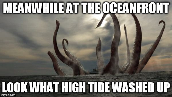 kraken | MEANWHILE AT THE OCEANFRONT LOOK WHAT HIGH TIDE WASHED UP | image tagged in kraken | made w/ Imgflip meme maker