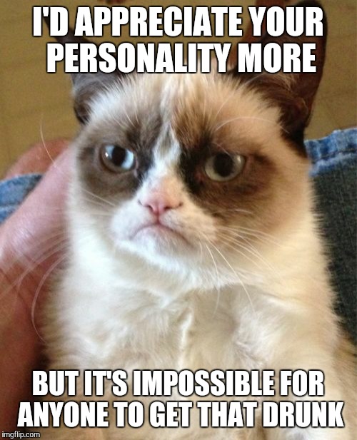 Grumpy Cat | I'D APPRECIATE YOUR PERSONALITY MORE BUT IT'S IMPOSSIBLE FOR ANYONE TO GET THAT DRUNK | image tagged in memes,grumpy cat | made w/ Imgflip meme maker