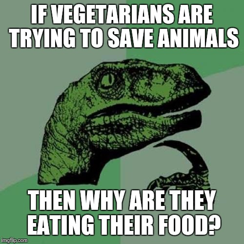 Philosoraptor Meme | IF VEGETARIANS ARE TRYING TO SAVE ANIMALS THEN WHY ARE THEY EATING THEIR FOOD? | image tagged in memes,philosoraptor | made w/ Imgflip meme maker