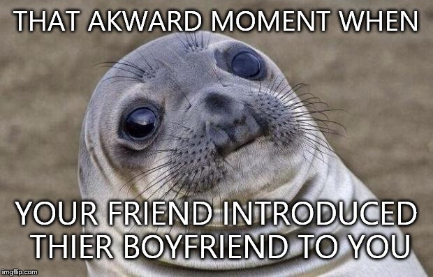 Akward | THAT AKWARD MOMENT WHEN YOUR FRIEND INTRODUCED THIER BOYFRIEND TO YOU | image tagged in memes,awkward moment sealion | made w/ Imgflip meme maker
