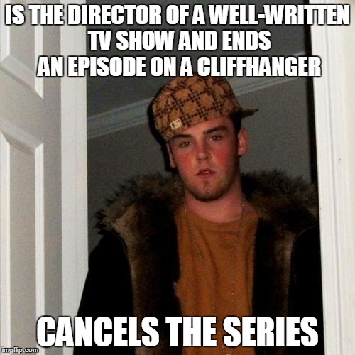 Scumbag Steve Meme | IS THE DIRECTOR OF A WELL-WRITTEN TV SHOW AND ENDS AN EPISODE ON A CLIFFHANGER CANCELS THE SERIES | image tagged in memes,scumbag steve | made w/ Imgflip meme maker