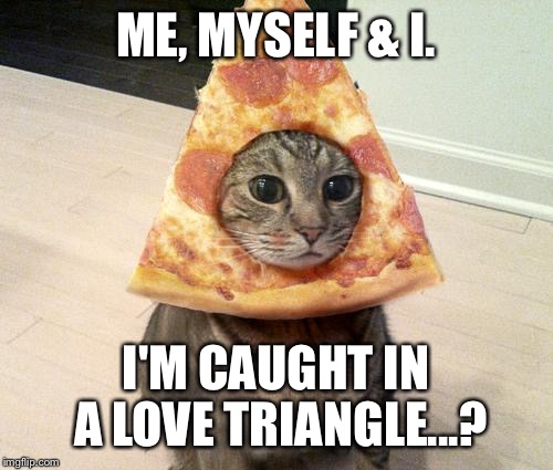 pizza cat | ME, MYSELF & I. I'M CAUGHT IN A LOVE TRIANGLE...? | image tagged in pizza cat | made w/ Imgflip meme maker