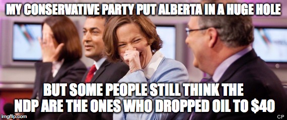 MY CONSERVATIVE PARTY PUT ALBERTA IN A HUGE HOLE BUT SOME PEOPLE STILL THINK THE NDP ARE THE ONES WHO DROPPED OIL TO $40 | made w/ Imgflip meme maker