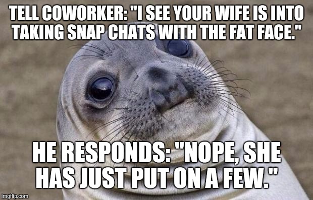 Awkward Moment Sealion | TELL COWORKER: "I SEE YOUR WIFE IS INTO TAKING SNAP CHATS WITH THE FAT FACE." HE RESPONDS: "NOPE, SHE HAS JUST PUT ON A FEW." | image tagged in memes,awkward moment sealion,AdviceAnimals | made w/ Imgflip meme maker
