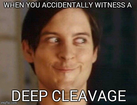Spiderman Peter Parker Meme | WHEN YOU ACCIDENTALLY WITNESS A DEEP CLEAVAGE | image tagged in memes,spiderman peter parker | made w/ Imgflip meme maker