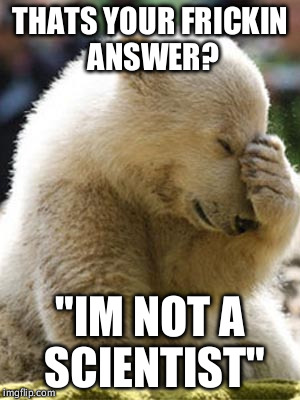 Facepalm Bear | THATS YOUR FRICKIN ANSWER? "IM NOT A SCIENTIST" | image tagged in memes,facepalm bear | made w/ Imgflip meme maker