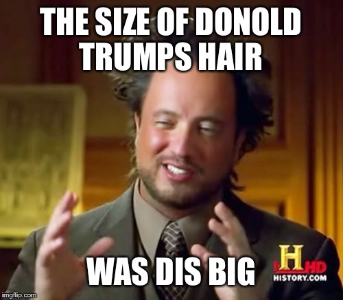 Ancient Aliens Meme | THE SIZE OF DONOLD TRUMPS HAIR WAS DIS BIG | image tagged in memes,ancient aliens | made w/ Imgflip meme maker