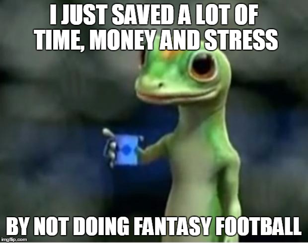 Geico Gecko | I JUST SAVED A LOT OF TIME, MONEY AND STRESS BY NOT DOING FANTASY FOOTBALL | image tagged in geico gecko | made w/ Imgflip meme maker