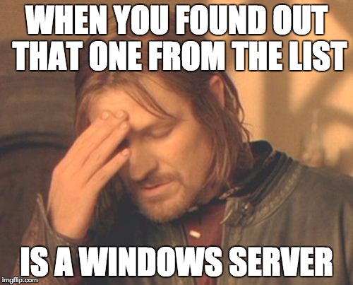 Frustrated Boromir Meme | WHEN YOU FOUND OUT THAT ONE FROM THE LIST IS A WINDOWS SERVER | image tagged in memes,frustrated boromir | made w/ Imgflip meme maker