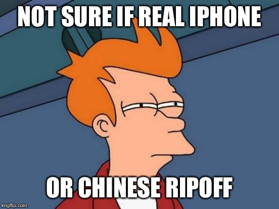 Futurama Fry | NOT SURE IF REAL IPHONE OR CHINESE RIPOFF | image tagged in memes,futurama fry | made w/ Imgflip meme maker