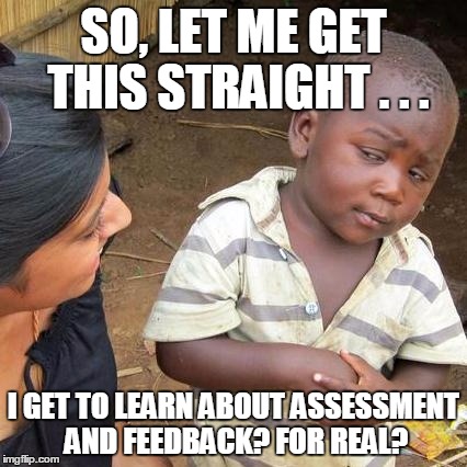 Third World Skeptical Kid Meme | SO, LET ME GET THIS STRAIGHT . . . I GET TO LEARN ABOUT ASSESSMENT AND FEEDBACK? FOR REAL? | image tagged in memes,third world skeptical kid | made w/ Imgflip meme maker