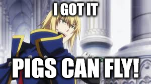 crazy BB jin  | I GOT IT PIGS CAN FLY! | image tagged in blazblue,jin,crazy,pigs | made w/ Imgflip meme maker