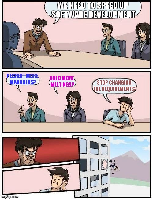 Crisis meeting over delays | WE NEED TO SPEED UP SOFTWARE DEVELOPMENT RECRUIT MORE MANAGERS? HOLD MORE MEETINGS? STOP CHANGING THE REQUIREMENTS? | image tagged in memes,boardroom meeting suggestion,software,developers | made w/ Imgflip meme maker