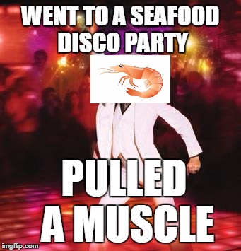 DISCO BUNNY | WENT TO A SEAFOOD DISCO PARTY PULLED A MUSCLE | image tagged in disco bunny | made w/ Imgflip meme maker