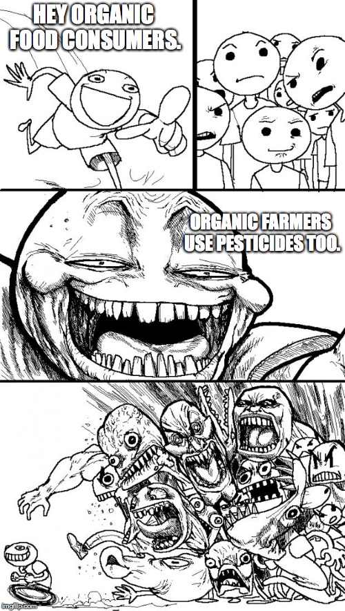 Hey Internet | HEY ORGANIC FOOD CONSUMERS. ORGANIC FARMERS USE PESTICIDES TOO. | image tagged in memes,hey internet | made w/ Imgflip meme maker
