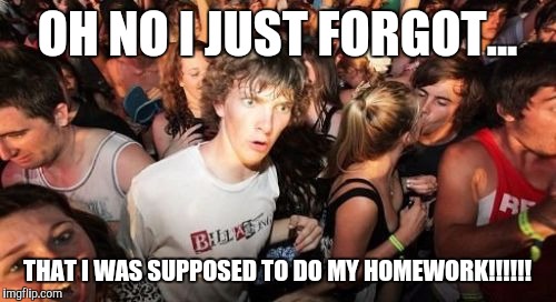 Sudden Clarity Clarence | OH NO I JUST FORGOT... THAT I WAS SUPPOSED TO DO MY HOMEWORK!!!!!! | image tagged in memes,sudden clarity clarence | made w/ Imgflip meme maker