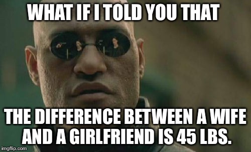 Matrix Morpheus Meme | WHAT IF I TOLD YOU THAT THE DIFFERENCE BETWEEN A WIFE AND A GIRLFRIEND IS 45 LBS. | image tagged in memes,matrix morpheus | made w/ Imgflip meme maker