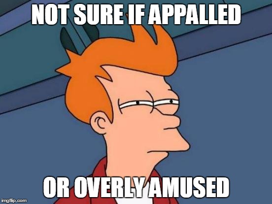 Futurama Fry | NOT SURE IF APPALLED OR OVERLY AMUSED | image tagged in memes,futurama fry | made w/ Imgflip meme maker