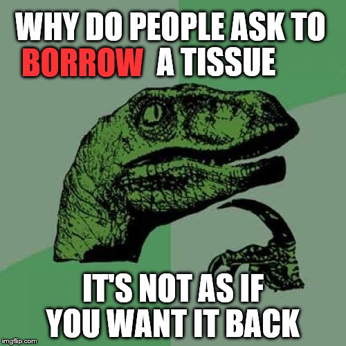 Philosoraptor | WHY DO PEOPLE ASK TO               A TISSUE IT'S NOT AS IF YOU WANT IT BACK BORROW | image tagged in memes,philosoraptor | made w/ Imgflip meme maker