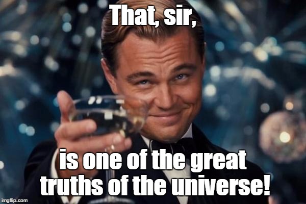 Leonardo Dicaprio Cheers Meme | That, sir, is one of the great truths of the universe! | image tagged in memes,leonardo dicaprio cheers | made w/ Imgflip meme maker