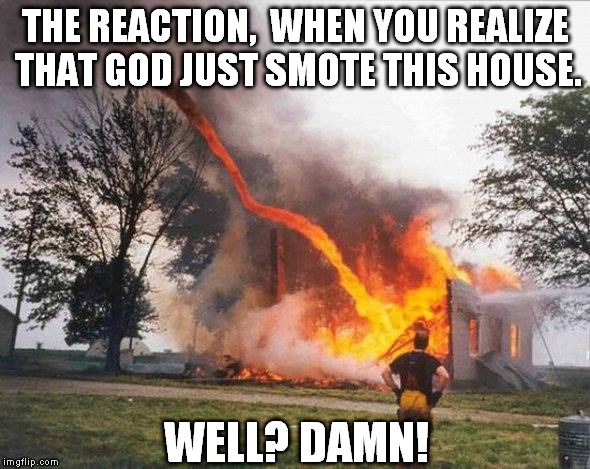 I smite thee! | THE REACTION,  WHEN YOU REALIZE THAT GOD JUST SMOTE THIS HOUSE. WELL? DAMN! | image tagged in i smite thee | made w/ Imgflip meme maker
