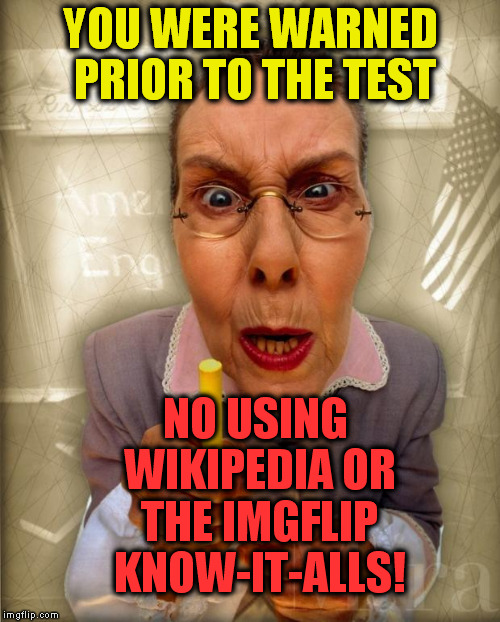 SternTeacher | YOU WERE WARNED PRIOR TO THE TEST NO USING WIKIPEDIA OR THE IMGFLIP KNOW-IT-ALLS! | image tagged in sternteacher | made w/ Imgflip meme maker