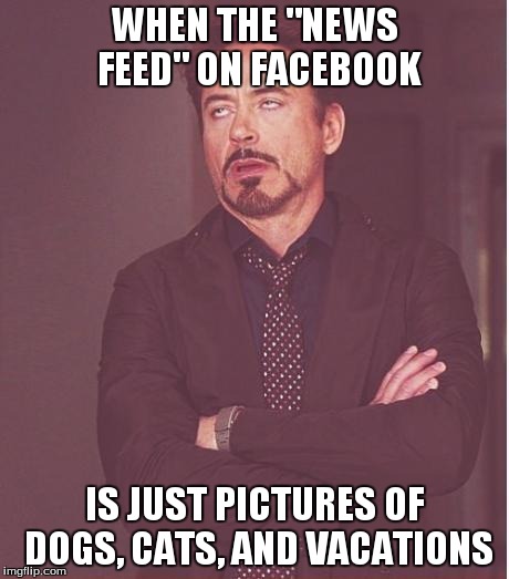 I swear, every time. | WHEN THE "NEWS FEED" ON FACEBOOK IS JUST PICTURES OF DOGS, CATS, AND VACATIONS | image tagged in memes,face you make robert downey jr | made w/ Imgflip meme maker