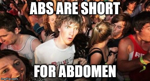 I JUST figured that out. Wow, I'm stupid. | ABS ARE SHORT FOR ABDOMEN | image tagged in memes,sudden clarity clarence | made w/ Imgflip meme maker