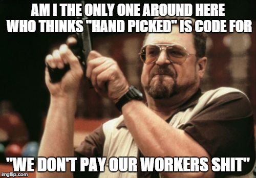 Am I The Only One Around Here | AM I THE ONLY ONE AROUND HERE WHO THINKS "HAND PICKED" IS CODE FOR "WE DON'T PAY OUR WORKERS SHIT" | image tagged in memes,am i the only one around here,AdviceAnimals | made w/ Imgflip meme maker