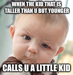 Skeptical Baby | WHEN THE KID THAT IS TALLER THAN U BUT YOUNGER CALLS U A LITTLE KID | image tagged in memes,skeptical baby | made w/ Imgflip meme maker