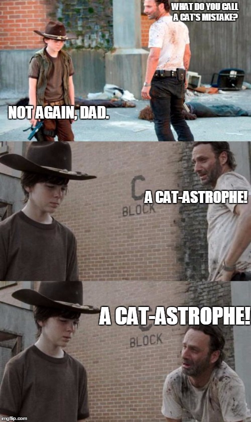 Rick and Carl 3 | WHAT DO YOU CALL A CAT'S MISTAKE? NOT AGAIN, DAD. A CAT-ASTROPHE! A CAT-ASTROPHE! | image tagged in memes,rick and carl 3 | made w/ Imgflip meme maker