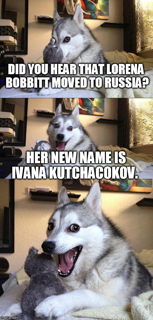Bad Pun Dog | DID YOU HEAR THAT LORENA BOBBITT MOVED TO RUSSIA? HER NEW NAME IS IVANA KUTCHACOKOV. | image tagged in memes,bad pun dog | made w/ Imgflip meme maker