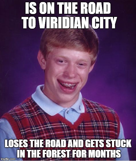 Fights Metapod, Metapod keeps using Harden. | IS ON THE ROAD TO VIRIDIAN CITY LOSES THE ROAD AND GETS STUCK IN THE FOREST FOR MONTHS | image tagged in memes,bad luck brian | made w/ Imgflip meme maker